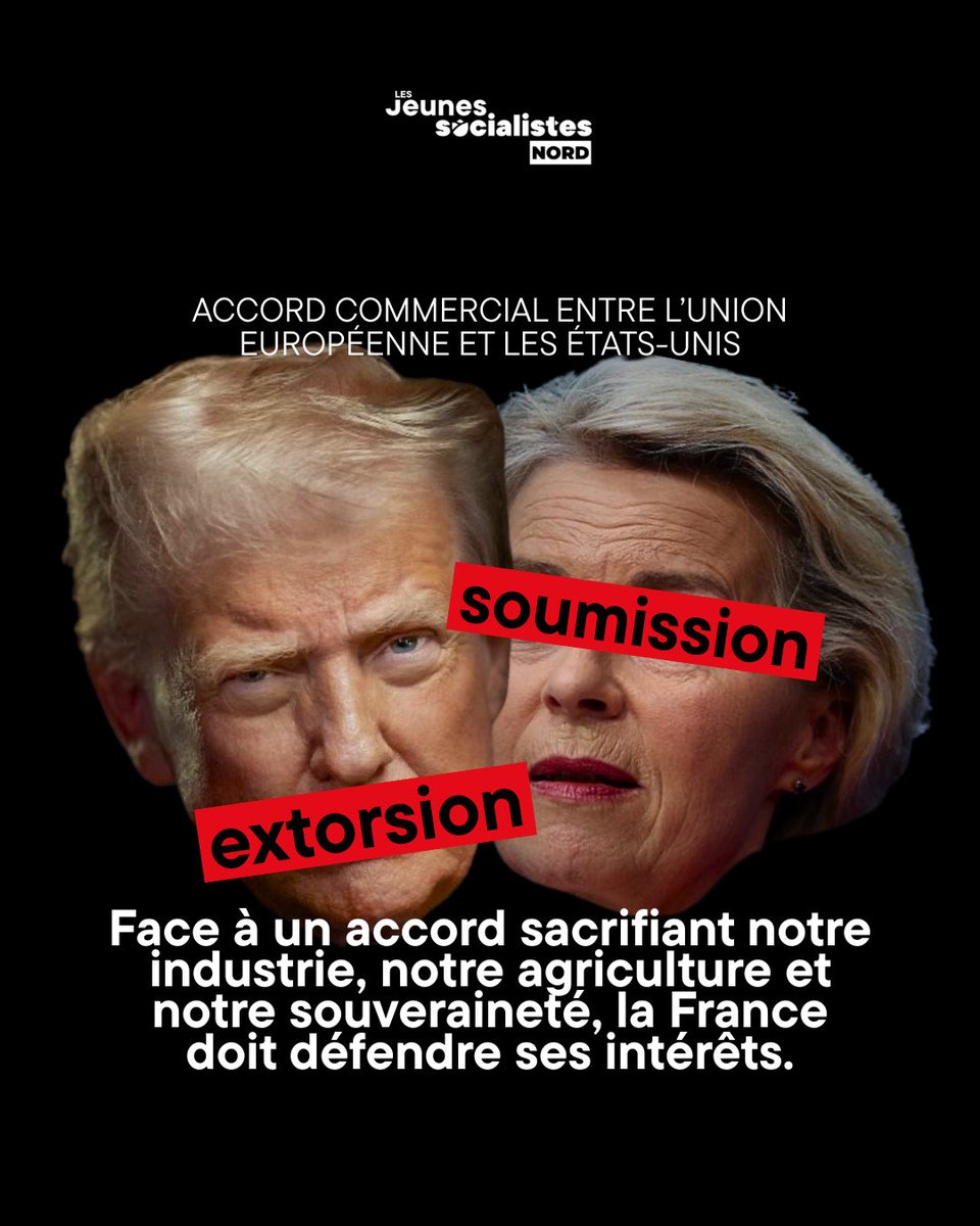 ❌️ L’accord entre l’Union européenne et les États-Unis, c’est le sacrifice assumé de notre industrie, de notre agriculture et de notre souveraineté.

Encore une fois, les intérêts européens sont piétinés au profit de ceux des multinationales.

La France doit s'en défendre !