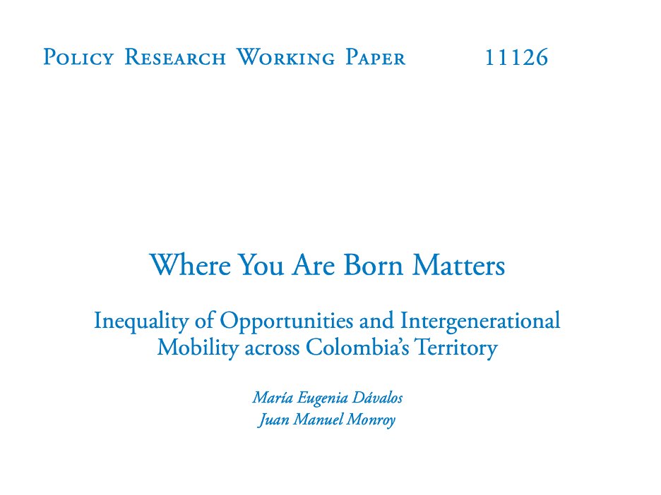 Luis Felipe López-Calva (@lflopezcalva) on Twitter photo In #Colombia, birthplace is one of the strongest predictors of life outcomes — and inequality.
A new <a href="/WorldBank/">World Bank</a> Policy Research Working Paper shows that 49% of income inequality — as measured by the Gini coefficient — in Colombia is explained by circumstances at birth, with In #Colombia, birthplace is one of the strongest predictors of life outcomes — and inequality.
A new <a href="/WorldBank/">World Bank</a> Policy Research Working Paper shows that 49% of income inequality — as measured by the Gini coefficient — in Colombia is explained by circumstances at birth, with