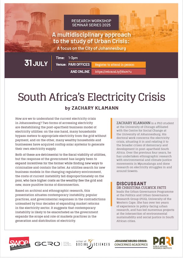 SWOP Institute (@swopinstitute) on Twitter photo #UrbanCrisis Seminar Series this week 
South Africa’s Electricity Crisis
Presented by Zachary Klamann
Details and registration: swop.org.za/urban-crisis-s… #UrbanCrisis Seminar Series this week 
South Africa’s Electricity Crisis
Presented by Zachary Klamann
Details and registration: swop.org.za/urban-crisis-s…