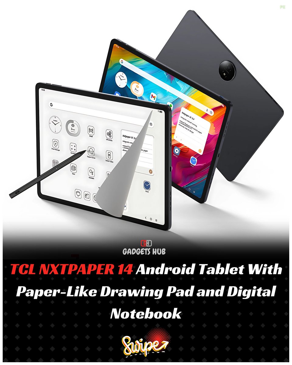 GadgetsHub10's tweet image. Experience a new way to interact with technology! The TCL NXTPAPER 14 Android Tablet features a stunning paper-like display that is easy on the eyes, perfect for reading, streaming, and browsing. #TCLNXTPAPER #AndroidTablet #PaperLikeDisplay #TechForLife #Innovation
