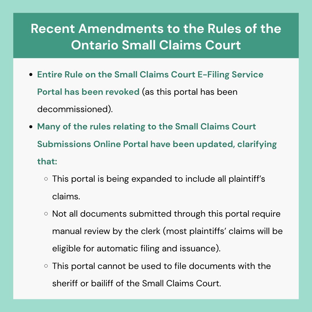 The Ontario Small Claims Court has approved recent amendments to its rules to reflect the decommissioning of their E-Filing Service Portal, and the related expansion of their Submissions Online Portal.

Find a summary of the decision at this link: regulatoryregistry.gov.on.ca/proposal/51193
