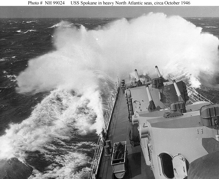 r116440's tweet photo. 🇺🇸 @USNavy Juneau-class light #cruiser USS Spokane (CL-120) in heavy seas while crossing the Atlantic Ocean, October 1946 #warship #navy #naval #CL120 https://t.co/B2bmQQPOAg