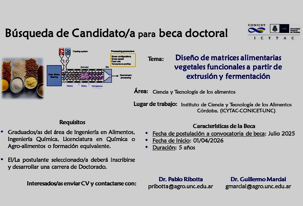 icytac's tweet photo. 📣 Más oportunidades para sumarte a investigar en ICYTAC!

Si te interesa, podés contactarte con el Dr. Pablo Ribotta pribotta@agro.unc.edu.ar https://t.co/SrDlBEIjAC