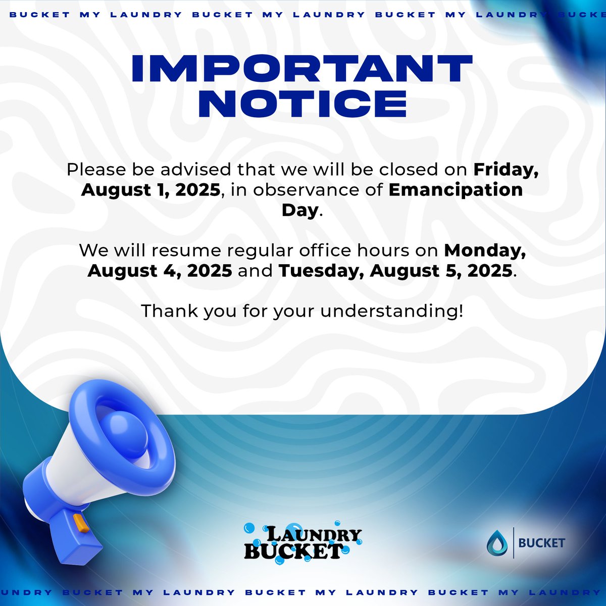 BucketPlatforms's tweet photo. 🚨 IMPORTANT NOTICE 🚨

Please be advised that we will be closed on Friday, August 1, 2025 in observance of Emancipation Day. ✊🏾

Thank you for your understanding! 🙏

#EmancipationDay #HolidayClosure #Laundrybucket #ImportantNotice #Jamaica https://t.co/EWZ0amtotC