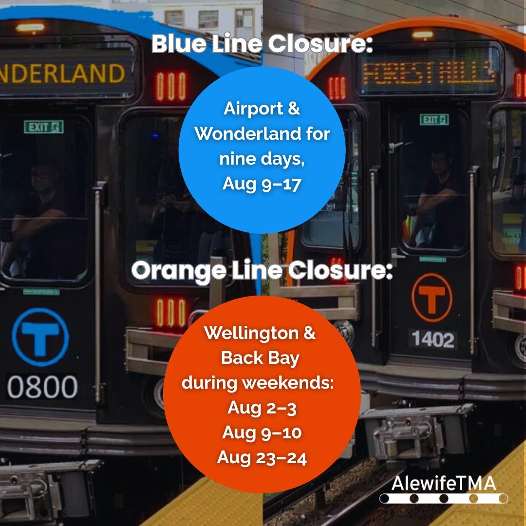 Heads up! The MBTA announced service changes for August:
🔵 Blue Line: No service from Airport↔️Wonderland from Aug 9 – 17
🟠 Orange Line: No service from Wellington↔️Back Bay on three weekends in August: Aug 2–3, Aug 9–10, &amp; Aug 23–24. Check mbta.com for updates!