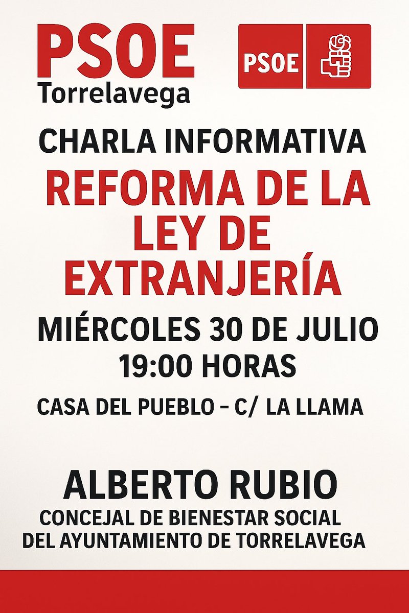 🔔Recordad que este miércoles 30 de julio a las siete de la tarde charlamos sobre la reforma de las normas de extranjería con nuestro compañero el concejal de Bienestar Social <a href="/AlbertoRubioTor/">Alberto Rubio</a> 

📍Casa del Pueblo, calle La Llama s/n