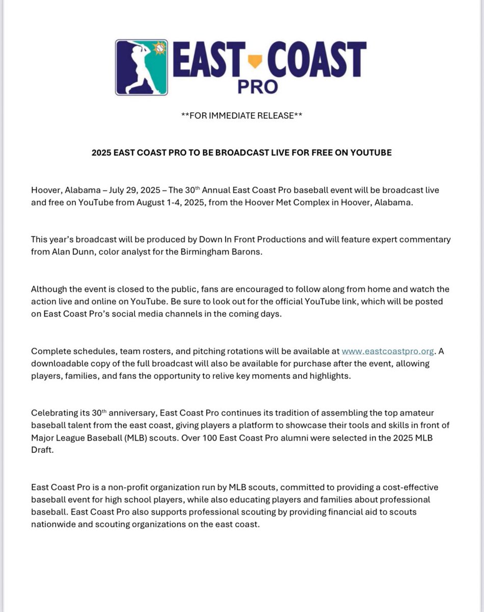 We are excited to announce that all ECP games will be broadcast LIVE on YouTube this year!  See our official Press Release below ..
#ECP2025