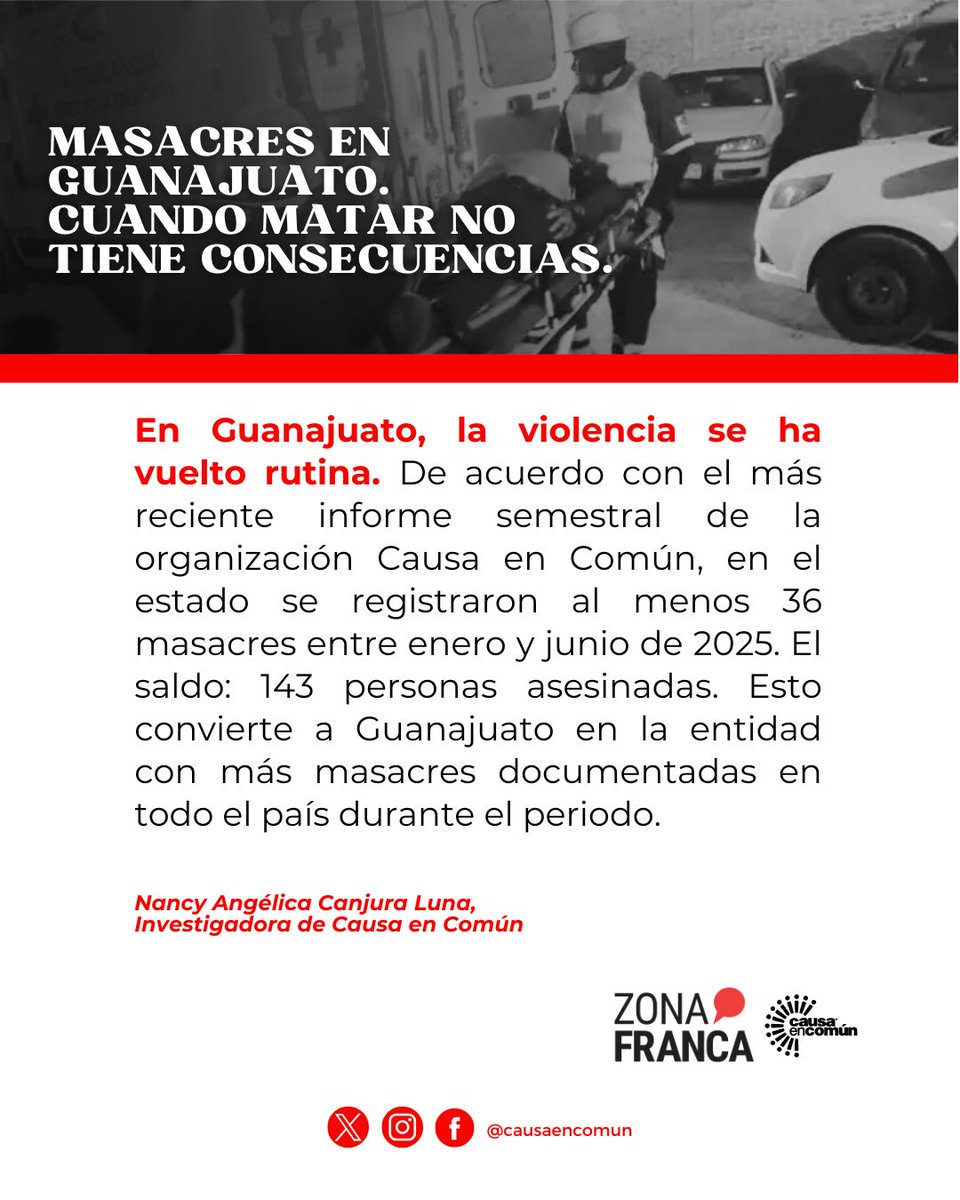 🔴 En Guanajuato, la violencia extrema se ha vuelto parte del paisaje. Este artículo documenta cómo la impunidad y la ausencia del Estado permiten que las masacres se repitan sin freno. 📍 Lee el análisis completo en <a href="/ZonaFrancaMX/">Zona Franca Noticias</a>: zonafranca.mx/opinion/zona-e…