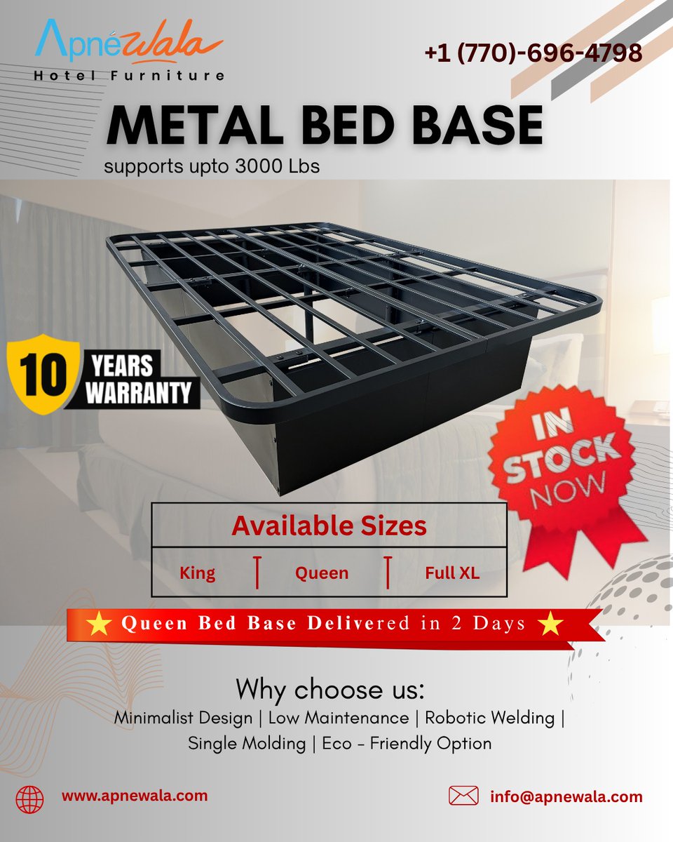 Apne_wala's tweet photo. IN STOCK!🛑 Secure you metal bed base today

📞 Let’s connect: 770-696-4798
🌐 Visit: https://t.co/k7IhlQUHzo

#apnewala #hospitalitydeals #smartchoices #mattress #hotelfurniture #metalbed https://t.co/KqG07yAAFA