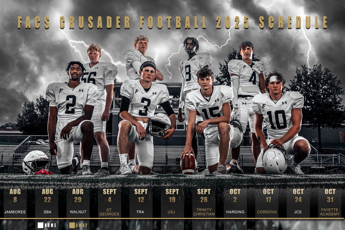 FACS Varsity Football to announce the 2025 season schedule, featuring our Senior Crusaders!

Mark your calendars and make plans to attend! 🏈

✝️#AllIn #WeAreFACS 
<a href="/FACSCrusaderFB/">FACS Football Program</a>