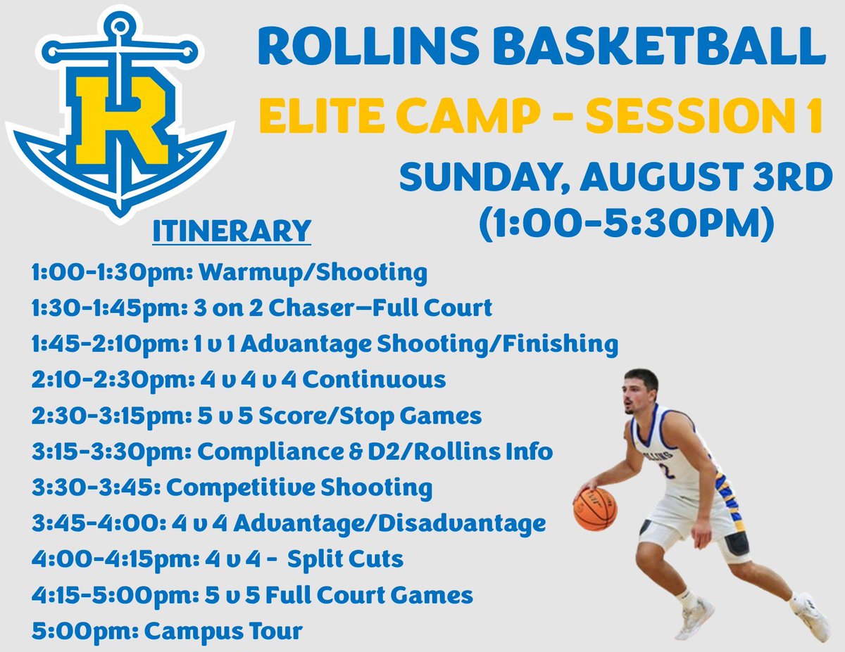 5️⃣ days away from our 1st of two elite camps this August! The event will consist of a variety of drills/games to teach &amp; evaluate guys that fit our style of play &amp; what we value in our 🏀 program.

🔗 below with more info &amp; to register - DM with questions!
eventbrite.com/e/rollins-bask…