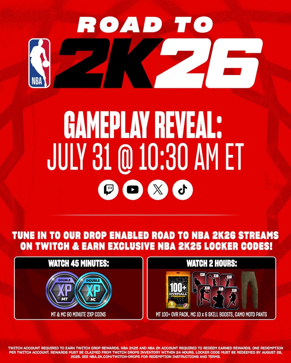 🗣️ Gameplay Reveal coming 🔜

Watch the Road to 2K26 stream on Thursday to earn exclusive Locker Codes with Twitch Drops 👀