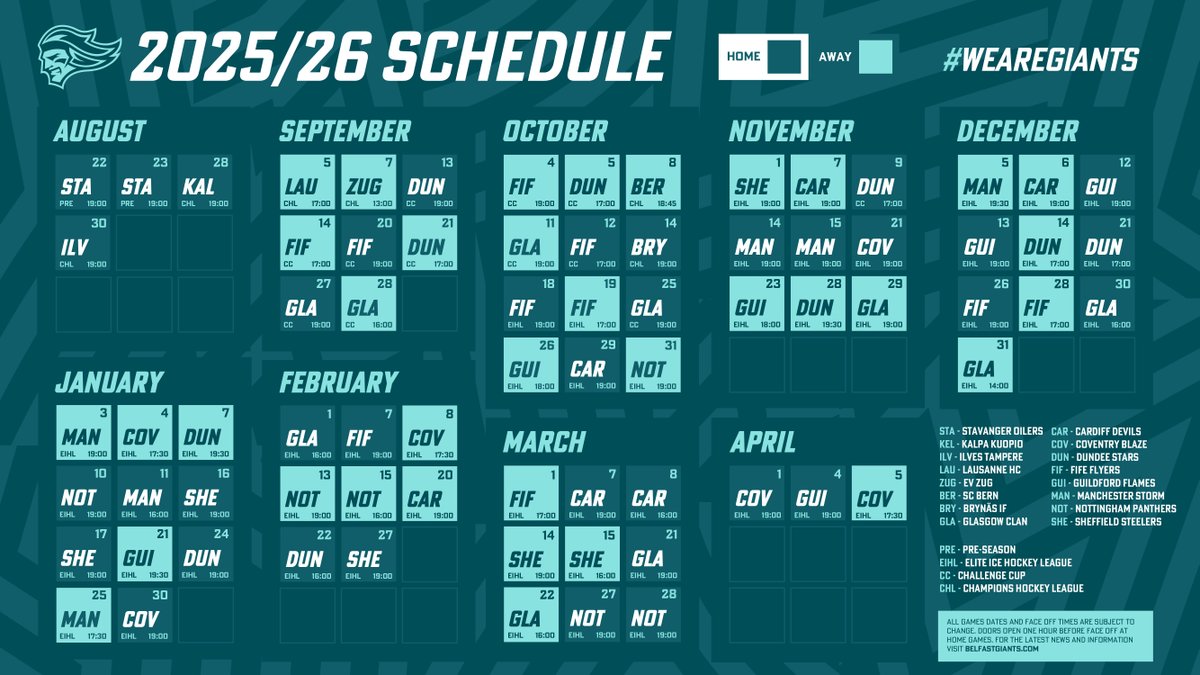 ICYMI, the 2025/26 fixture schedule is here! 🔥

Mark the dates in your diary, Teal Army. <a href="/officialEIHL/">Elite Ice Hockey League | #EIHL</a> is returning to Belfast and you can grab your tickets NOW.

🎟️ TICKETS HERE: bit.ly/BelfastGiants-…

#WeAreGiants