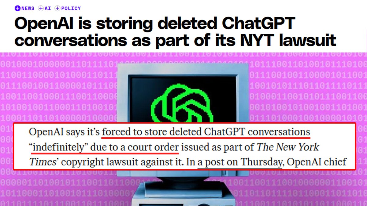 JasonBassler1's tweet photo. REMINDER: Be careful what you share with ChatGPT or any AI chatbot. Courts have ordered OpenAI to preserve all chats—even deleted ones. What you say can and will be used against you. Don't incriminate yourself!   

In the age of AI, silence is self-defense. https://t.co/9DXfqFuDhK