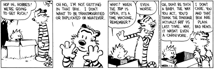 Calvinn_Hobbes's tweet photo. Transmogrification? Duplication? Time travel? Hobbes says: absolutely not.
#CalvinandHobbes #BoxOfChaos https://t.co/C70dn6h1Th