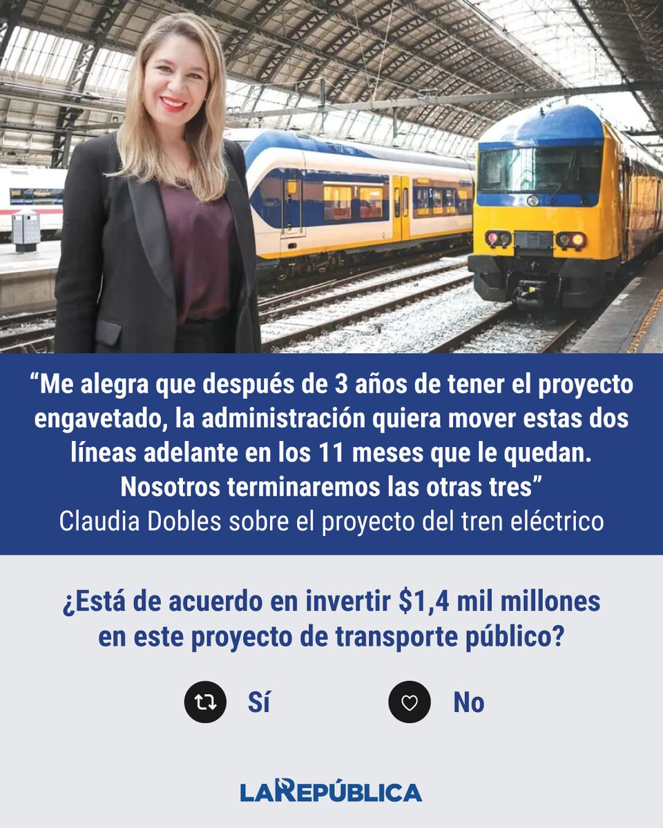 Claudia Dobles reafirma su apoyo al tren eléctrico de cinco líneas, un proyecto que costaría cerca de $1.500 millones. ¿Está de acuerdo en invertir $1,4 millones en este proyecto? 🚆⚡🇨🇷 

👉 Más detalles: tinyurl.com/yvknnu78