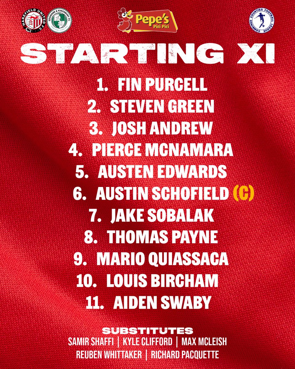 HarefieldUnited's tweet photo. STARTING XI 📋

Our new club captain, @austin2312, leads the Hares out in our season opener vs @E_K_FC 🫡

🐇🔴⚫️