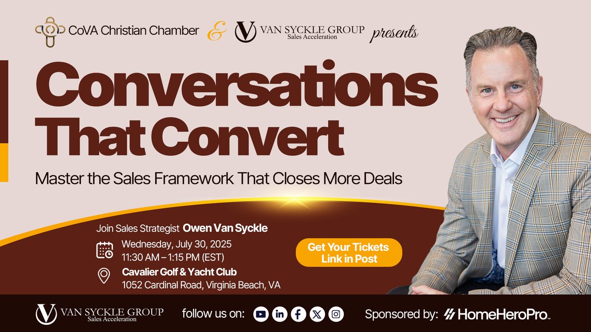 OwenVanSyckle's tweet image. Conversations That Convert.

If your conversations don’t close, your pipeline leaks.
Learn how to guide, handle objections &amp;amp; convert — without chasing.

July 30 | 11:30 AM | VA Beach
With @OwenVanSyckle

Register: eventbrite.com/e/marketplace-…

 #SalesFramework #Leadership #SalesEvent