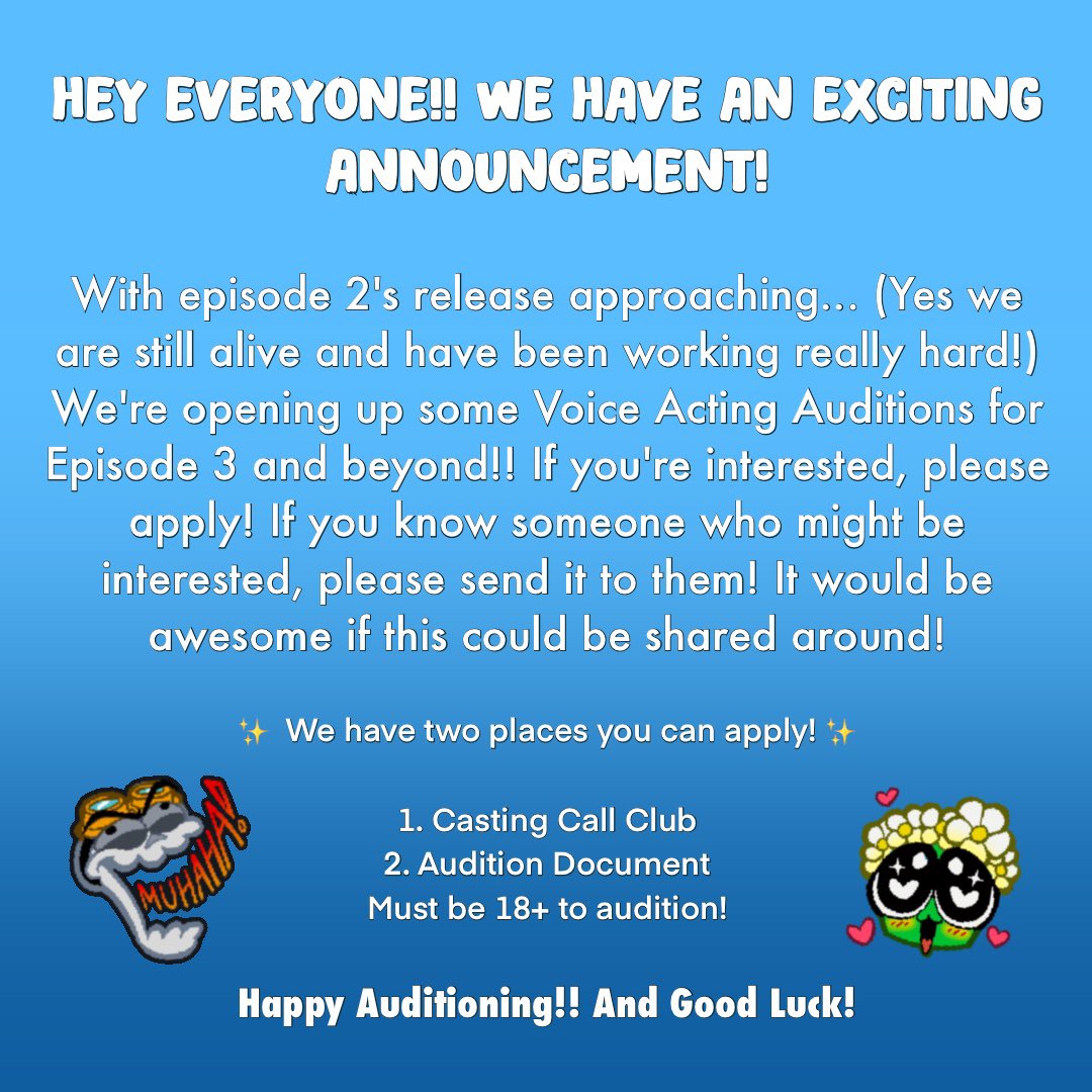 Hey everyone!! We have an exciting announcement! Auditions for Adventure Mode Episode 3 are open! 

1. [Casting Call Club](castingcall.club/projects/adven…)
2. [Audition Document](docs.google.com/document/d/1Da…)