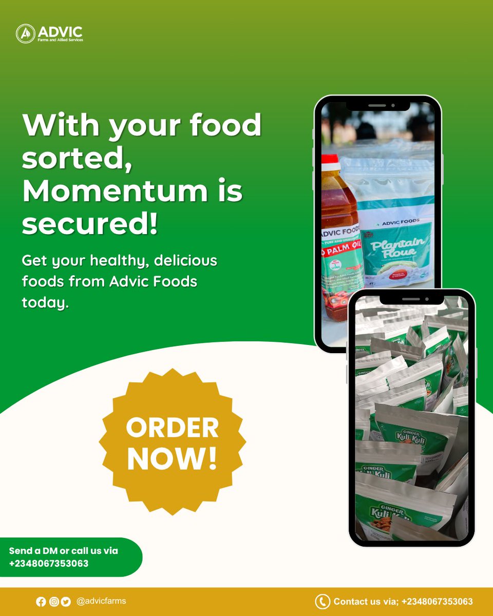 Advic Foods has you covered with quality, nutritious food options to keep you going.

Fuel the rest of your week with the goodness your body deserves 😉.

🔥 It’s not too late , order now and stay geared up!

Send a DM/ Call/WhatsApp: +2348067353063

#advicfoods
