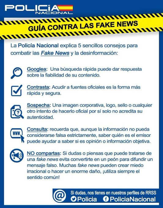 policia's tweet photo. 🧐 Si estás navegando por #internet y dudas si una noticia es real o es un #bulo... ¡no te preocupes!

Estamos aquí para ayudarte a detectar una #FakeNews 👇

✅ Sigue esta guía y aprende a identificar información veraz 👀 https://t.co/gHZbThrRUu