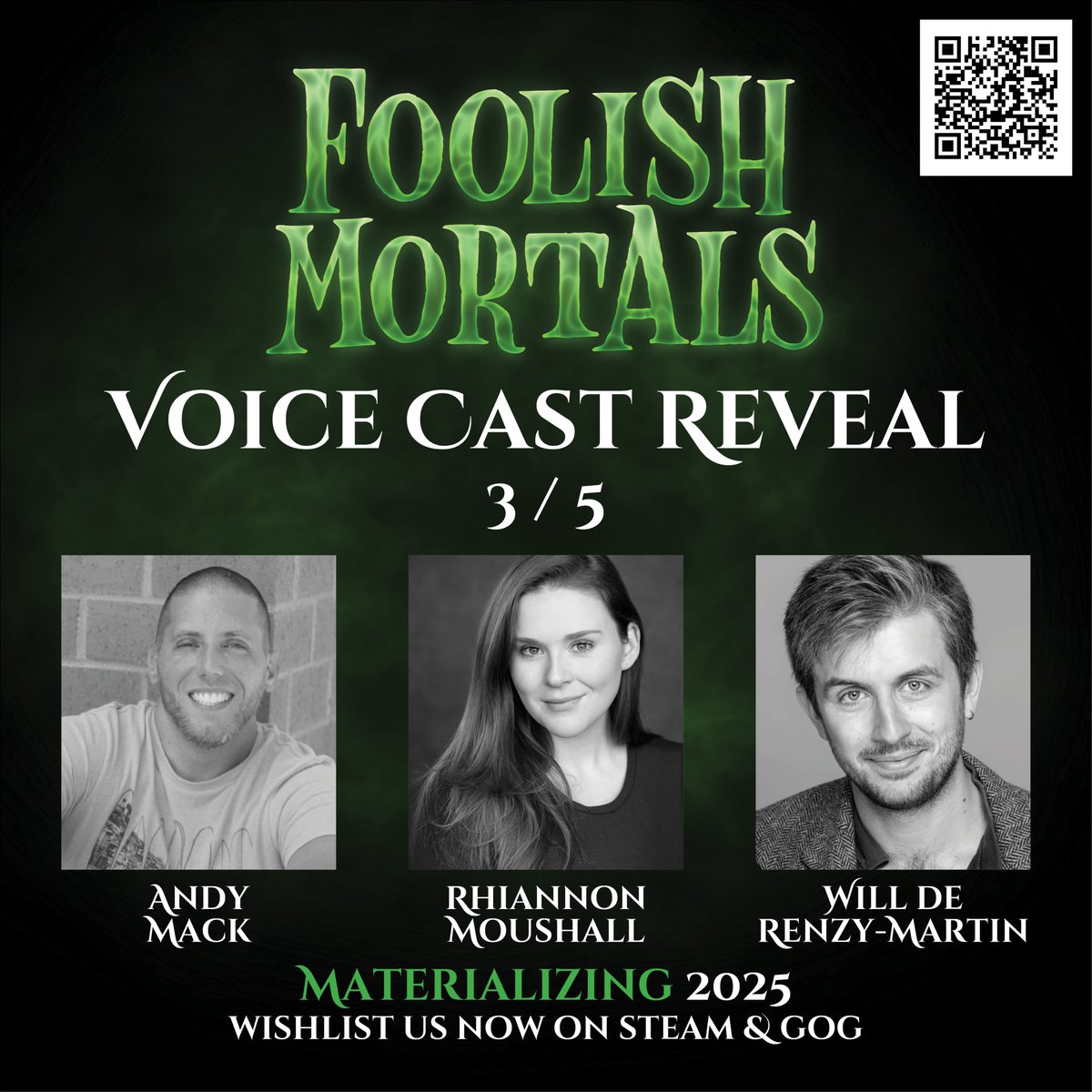 And today, another reveal of our Foolish Mortals cast! Andy Mack <a href="/AndyMackVoice/">Andy Mack VO</a> is back! Joined by the incredible Rhiannon Moushall <a href="/rsmoushall/">Rhiannon Moushall</a>
(Old Skies, The Drifter, Prim, 3 Minutes to Midnight) &amp; Will de Renzy-Martin (Old Skies, Loco Motive, Hob's Barrow).