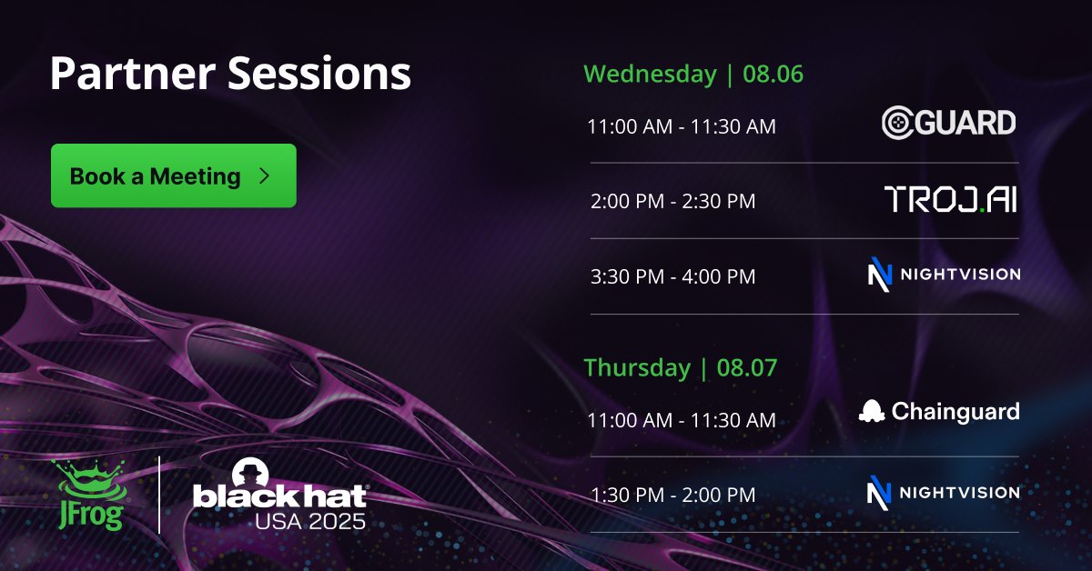 JFrog (@jfrog) on Twitter photo 🔥 Our partners are bringing the heat to the JFrog booth (#4839) at Black Hat USA 2025!
Join Aug 6 & 7 for exclusive booth demos by our partners - <a href="/CoGuardIO/">CoGuard</a>, <a href="/TrojAISec/">TrojAI</a>, <a href="/Nightvision_inc/">NightVision Security</a>, & <a href="/chainguard_dev/">Chainguard ⛓️</a> - showcasing how they help customers tackle real-world 🔥 Our partners are bringing the heat to the JFrog booth (#4839) at Black Hat USA 2025!
Join Aug 6 & 7 for exclusive booth demos by our partners - <a href="/CoGuardIO/">CoGuard</a>, <a href="/TrojAISec/">TrojAI</a>, <a href="/Nightvision_inc/">NightVision Security</a>, & <a href="/chainguard_dev/">Chainguard ⛓️</a> - showcasing how they help customers tackle real-world