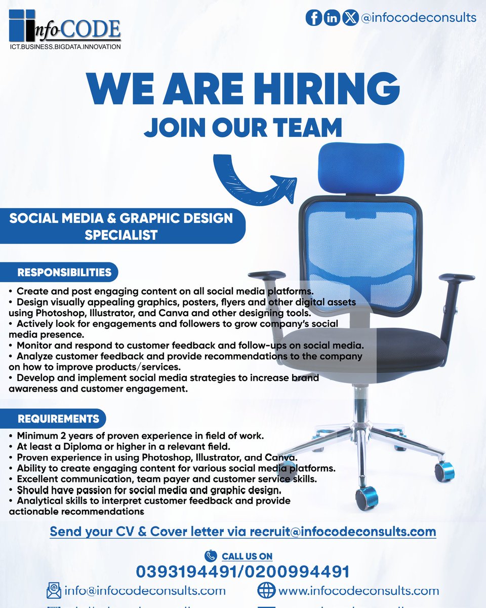 ConsultsCode's tweet image. 📢 We&apos;re hiring a Social Media &amp;amp; Graphic Design Specialist!

Are you a creative pro with skills in Photoshop, Illustrator, and Canva? Join our team and help us build our brand!

Apply with your CV &amp;amp; Cover Letter to recruit@infocodeconsults.com
#Hiring #JobAlert #Infocode #Jobs
