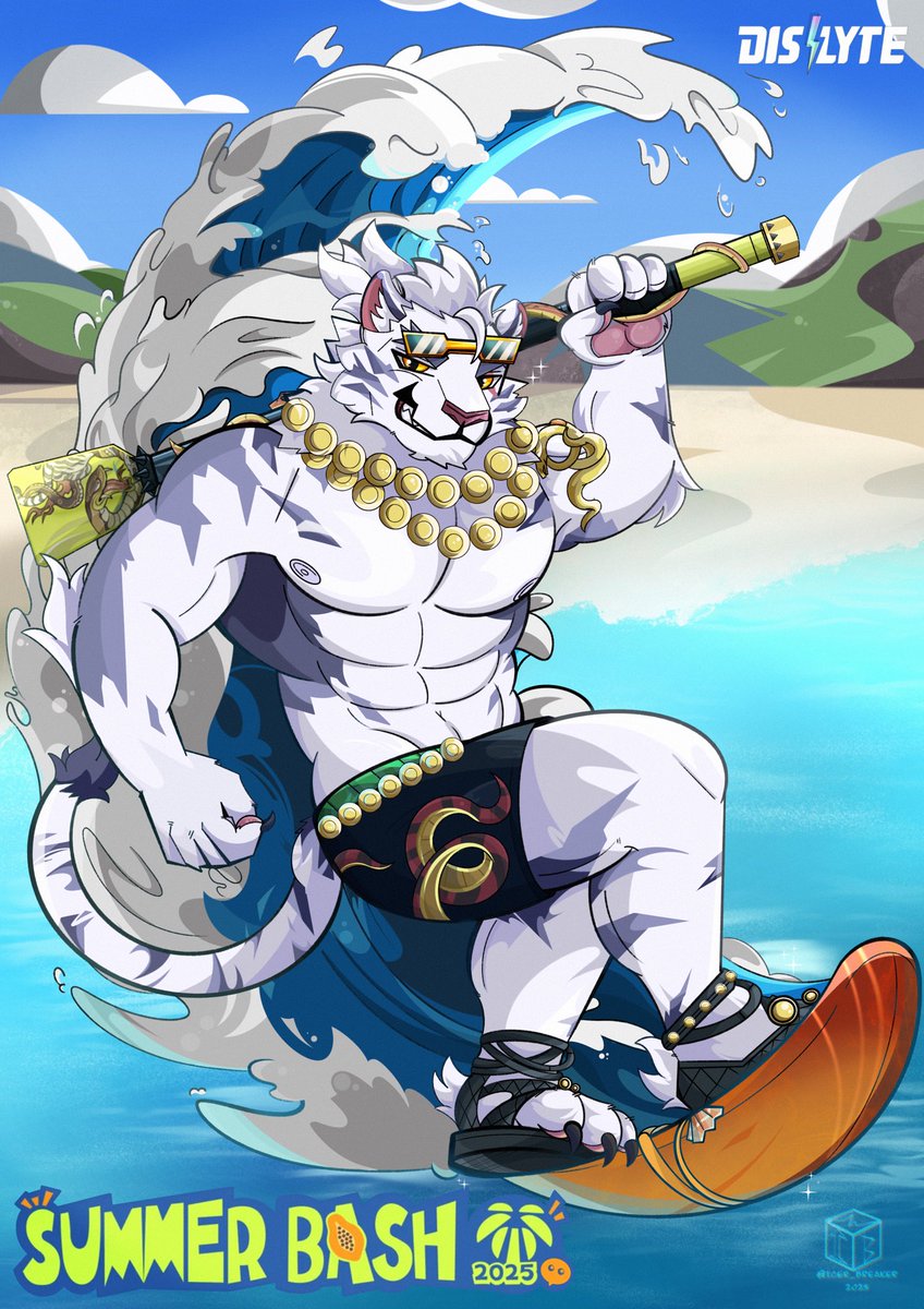 Jin Qiu borrowed Javid's 🦁surfboard for some action this summer. 🏄‍♂️🐅

#Dislyte #dislytefanart #furryart