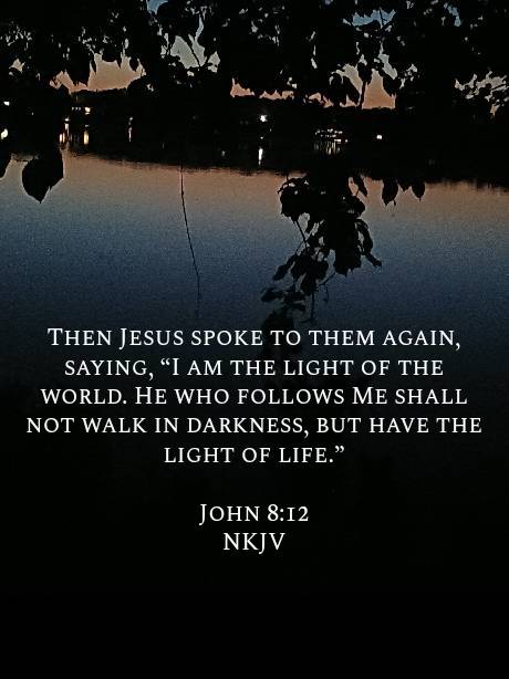 John 8:12 NKJV
[12] Then Jesus spoke to them again, saying, “I am the light of the world. He who follows Me shall not walk in darkness, but have the light of life.”

bible.com/bible/114/jhn.…