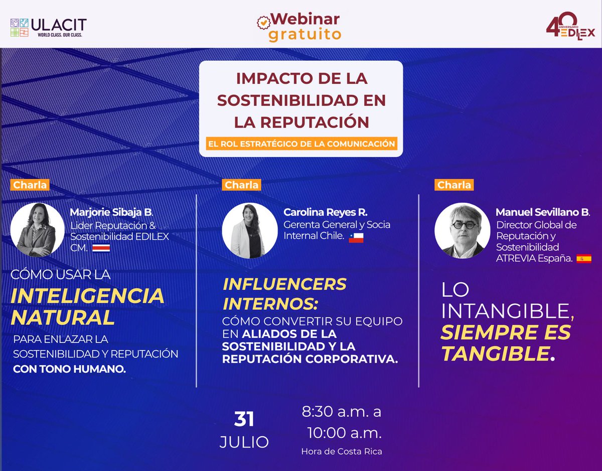 Colper - C.R. (@colpercr) on Twitter photo Edilex CM te invita a participar en el webinar: "Impacto de la sostenibilidad en la reputación - El rol estratégico de la comunicación"
👉🏻 ¡Regístrate aquí!
us02web.zoom.us/.../register/g…
Para más información, podés escribir a: edilex@edilexcomunicacion.com
.
.
#Capacitaciones Edilex CM te invita a participar en el webinar: "Impacto de la sostenibilidad en la reputación - El rol estratégico de la comunicación"
👉🏻 ¡Regístrate aquí!
us02web.zoom.us/.../register/g…
Para más información, podés escribir a: edilex@edilexcomunicacion.com
.
.
#Capacitaciones