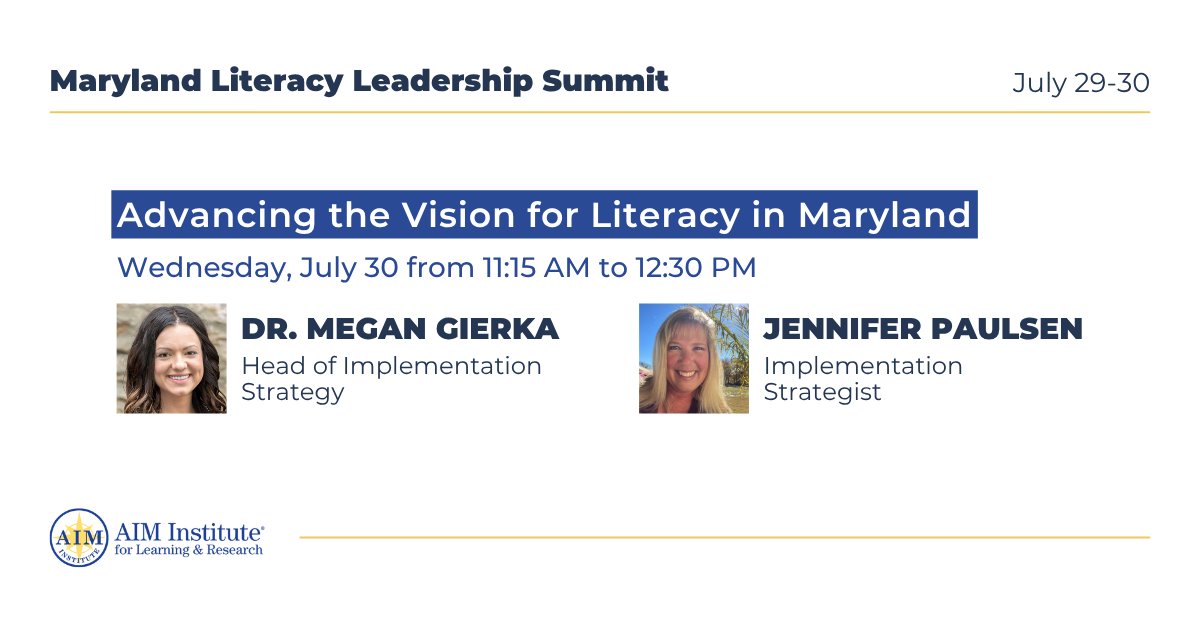AIM Institute (@aimtolearn) on Twitter photo Maryland educators are coming together this week to advance a bold vision for literacy, and our team is proud to be part of the momentum.
Tomorrow at 11:15 AM, <a href="/MeganGierka/">Megan Gierka</a> and Jennifer Paulsen will be speaking during the Maryland Literacy Leadership Summit in a session focused Maryland educators are coming together this week to advance a bold vision for literacy, and our team is proud to be part of the momentum.
Tomorrow at 11:15 AM, <a href="/MeganGierka/">Megan Gierka</a> and Jennifer Paulsen will be speaking during the Maryland Literacy Leadership Summit in a session focused