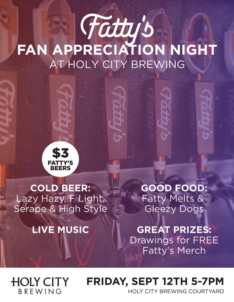 Fatty’s 1st Annual Fan Appreciation Day
<a href="/HolyCityBrewing/">Holy City Brewing</a> 
Fri 9/12 5-7PM
🍻
It had been too long since we last hung out, so mark your calendars and get ready for a Fatty good time. 

<a href="/HolyCitySinner/">Holy City Sinner</a> <a href="/ChasCityPaper/">Charleston City Paper</a> <a href="/chasscene/">Charleston Scene</a> <a href="/thechstoday/">CHStoday</a> <a href="/OhmRadio963/">Ohm Radio 96.3 FM</a>
