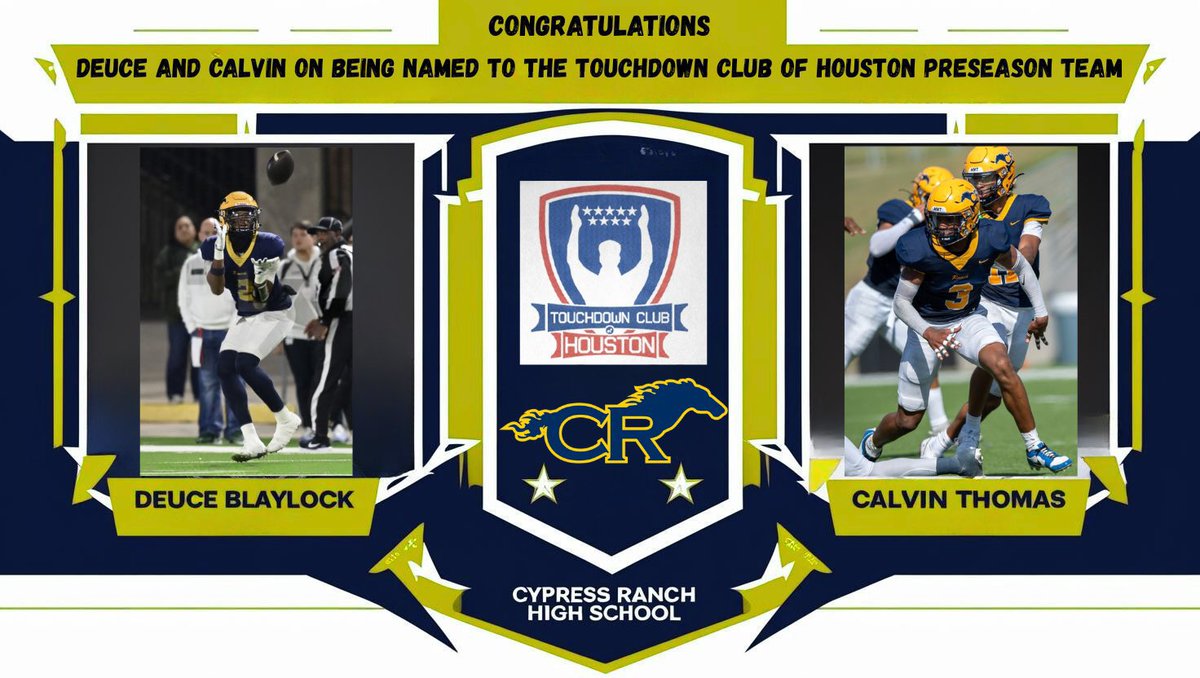 Cypress Ranch Football (TX) (@cyranchfb) on Twitter photo Congrats to a couple of Mustangs on being named to the <a href="/HoustonTDClub/">Houston TD Club</a> Preseason Team! LB <a href="/Calvin_Thomas08/">Calvin ''CT3'' Thomas</a> and ATH <a href="/DeuceBlaylock/">William Blaylock II</a> Congrats to a couple of Mustangs on being named to the <a href="/HoustonTDClub/">Houston TD Club</a> Preseason Team! LB <a href="/Calvin_Thomas08/">Calvin ''CT3'' Thomas</a> and ATH <a href="/DeuceBlaylock/">William Blaylock II</a>