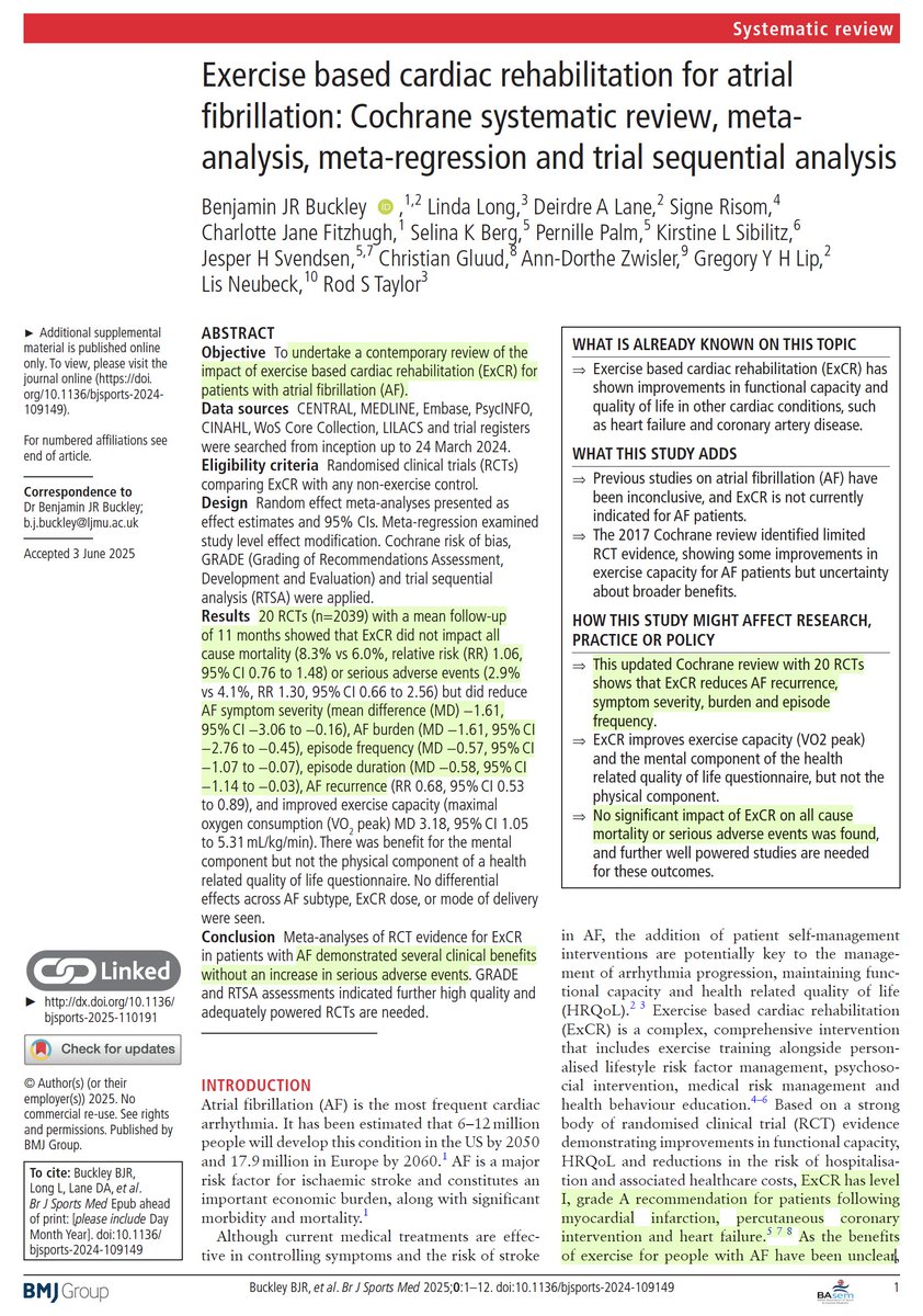 Exercise reduces the risk of atrial fibrillation recurrence, severity, symptom severity, and frequency. A systematic review of exercise-based cardiac rehab from 20 RCTs
bjsm.bmj.com/content/early/…