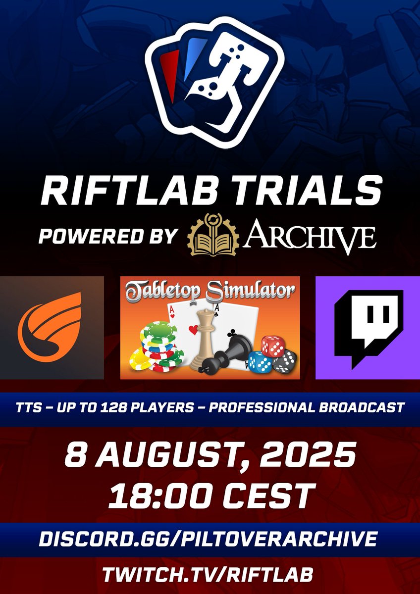 Piltover Archive's Riftlab Trials tournament still has 20 spots remaining on our waitlist! Once these spots are filled, the tournament cap will be increased to 128 and all waitlist participants will be included in the tournament.
Signup here: piltoverarchive.challonge.com/riftlabtrials_1
Our Discord: