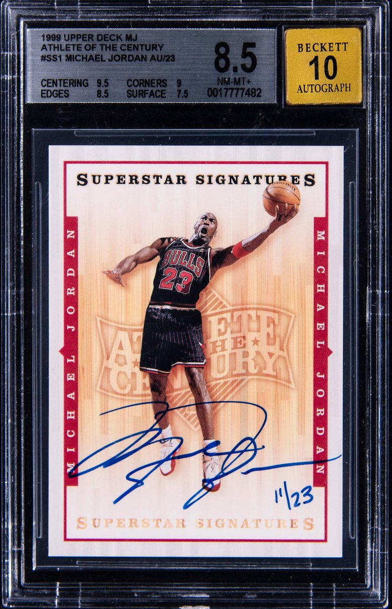 Must-Have Michael Jordan Collectible! 🏀

This 1999 Upper Deck MJ Athlete of Century Autographs Michael Jordan Signed Card (#11/23) - BGS NM-MT+ 8.5, Beckett 10 is available now in our July Elite Auction.

Bid now: bit.ly/4m9k1Sb