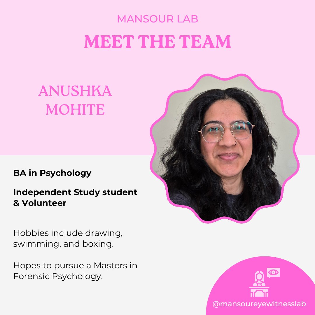 Eyewitness Research (@eyewitness_lab) on Twitter photo Introducing Anushka! Anushka Mohite has been both an independent and student and volunteer in the lab over the last few years. 
She hopes to someday do a Master's degree in forensic psychology. When not hard at work, Anushka enjoys drawing, swimming, and boxing. Introducing Anushka! Anushka Mohite has been both an independent and student and volunteer in the lab over the last few years. 
She hopes to someday do a Master's degree in forensic psychology. When not hard at work, Anushka enjoys drawing, swimming, and boxing.