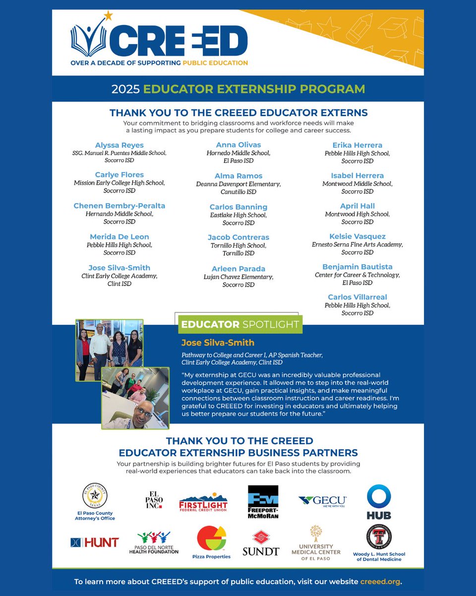✨ Shining a spotlight on our very own Clint Early College Academy educator: Jose Silva-Smith ✨

Congratulations Mr. Silva-Smith for being a part of the 2025 CREED Educator Externship Program. Your dedication and commitment to preparing students for college and career success