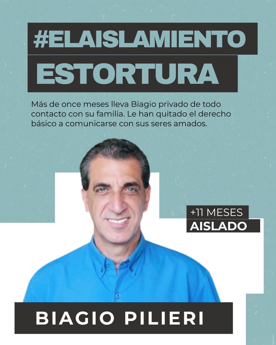 #ElAislamientoEsTortura.

Perkins Rocha, Américo de Grazia,  Roland Carreño y Biagio Pilieri tienen más de 11 meses aislados, incomunicados y siendo víctimas de vulneraciones a sus DDHH. 

Ellos merecen ver a su familia. Es su derecho. Los están torturando. 

Exigimos libertad