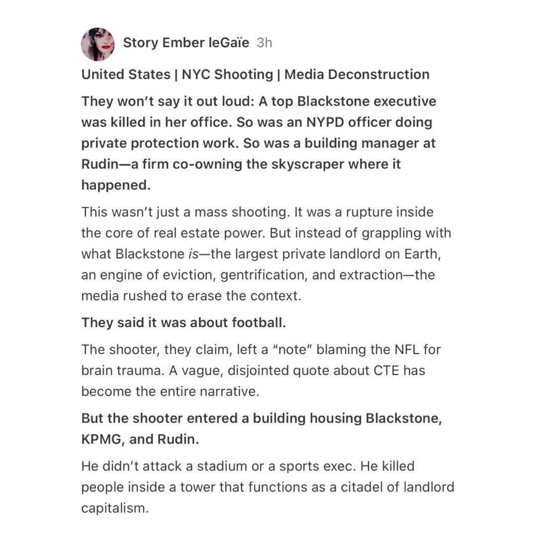 From Story Ember leGaïe on substack <a href="/unMuseMe/">🇵🇸🍉🔻Story Ember le Majesté de Gaïe 🖕🏼</a> 

“They won’t say it out loud: A top Blackstone executive was killed in her office. So was an NYPD officer doing private protection work. So was a building manager at Rudin—a firm co-owning the skyscraper where it happened.”