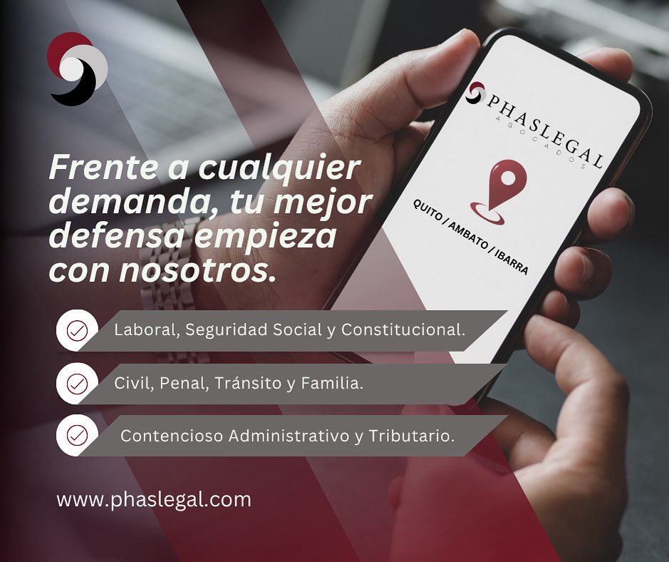 PhasLegal's tweet photo. ¿Tienes una demanda?

En PHASLEGAL te defendemos con estrategia, experiencia y soluciones a medida.

📍 Quito | Ambato | Ibarra
🔗 https://t.co/UYINp1LDFd

#Abogados #DefensaLegal #PHASLEGAL https://t.co/cKbFjX1Mp5