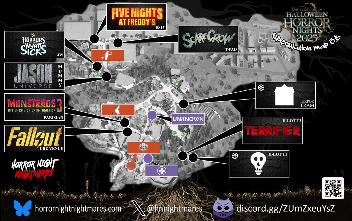 With #HHN34 being fully announced here is our version of a complete map! Minor updates to portal locations may come! For #HHN2025 in Hollywood, here is a 3.5 version of the spec map!  #HHN #UniversalHHN