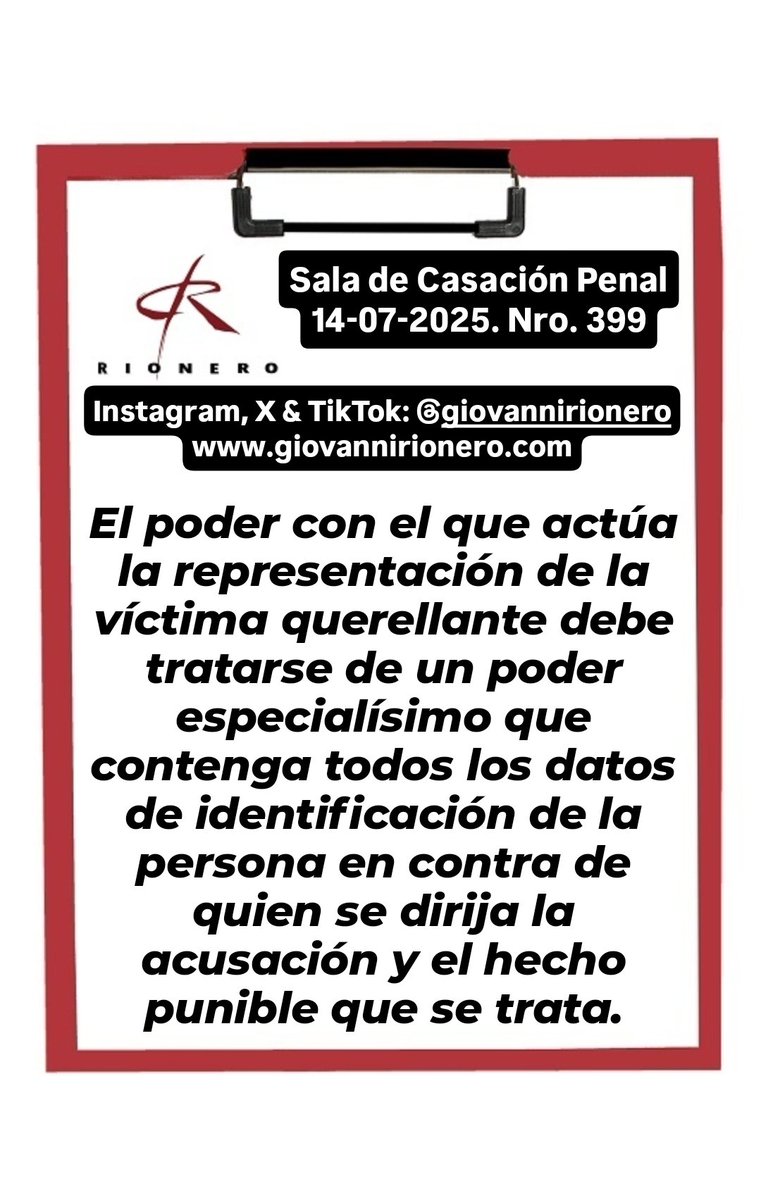 GiovanniRionero's tweet image. #Poder Reciente sentencia en la cual se reitera que el poder con el que actúa la representación de la víctima querellante debe tratarse de un poder especialísimo que contenga todos los datos de identificación de la persona en contra de quien se dirija la acusación y el hecho…