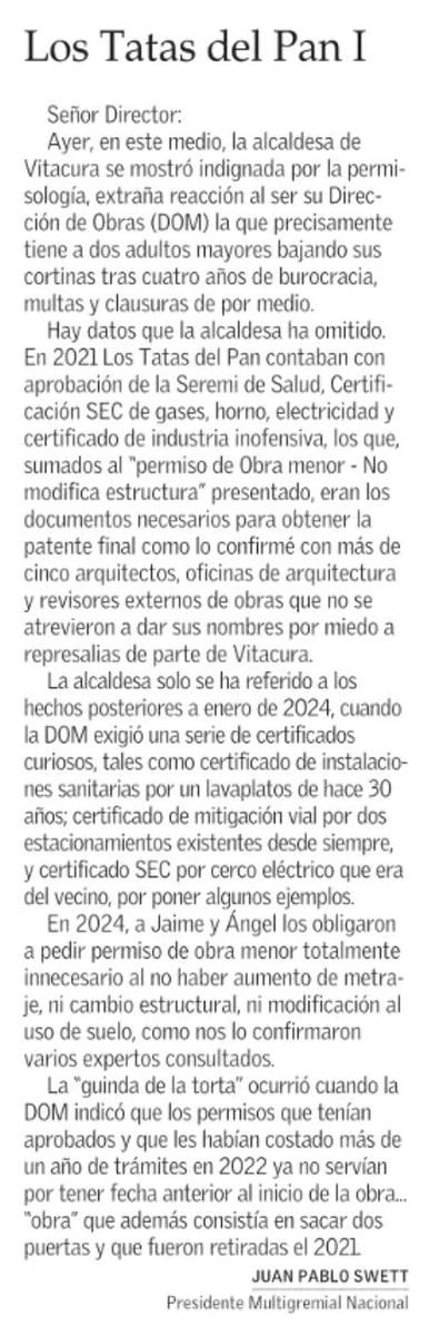 Mi respuesta a la Alcaldesa de <a href="/MuniVitacura/">Municipalidad de Vitacura</a>  hoy en El Mercurio con toda la información de lo que realmente sucedió con "Los Tatas del Pan"...