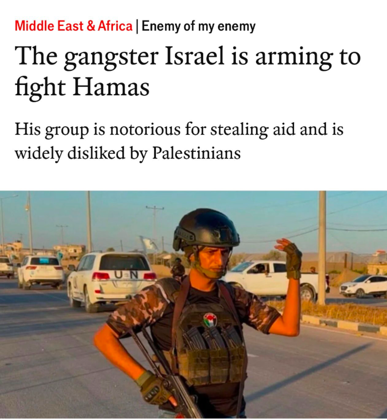 Franco0187's tweet photo. @havivrettiggur Fun fact: at least some of aid is stolen not by Hamas, but by gangsters supported by Israel. This below is from an article in The Economist. https://t.co/BQstt107Ij