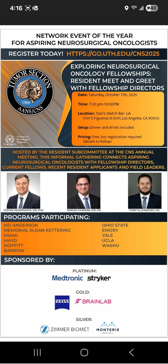 NS Tumor Section (@nstumorsection) on Twitter photo 🧠 Headed to CNS 2025 in LA?
🔥 Join the Tumor Section for the ultimate networking event!
🎯 Resident Meet & Greet w/ Fellowship Dir.
📍 Tom’s Watch Bar | 🗓️ Sat, Oct 11 | 7:30–10PM
🍽️ Dinner & drinks incl
🎓 RSVP now: forms.gle/ZeKiG5VaPkyNNL… #Neurosurgery #CNS2025 #MedTwitter 🧠 Headed to CNS 2025 in LA?
🔥 Join the Tumor Section for the ultimate networking event!
🎯 Resident Meet & Greet w/ Fellowship Dir.
📍 Tom’s Watch Bar | 🗓️ Sat, Oct 11 | 7:30–10PM
🍽️ Dinner & drinks incl
🎓 RSVP now: forms.gle/ZeKiG5VaPkyNNL… #Neurosurgery #CNS2025 #MedTwitter