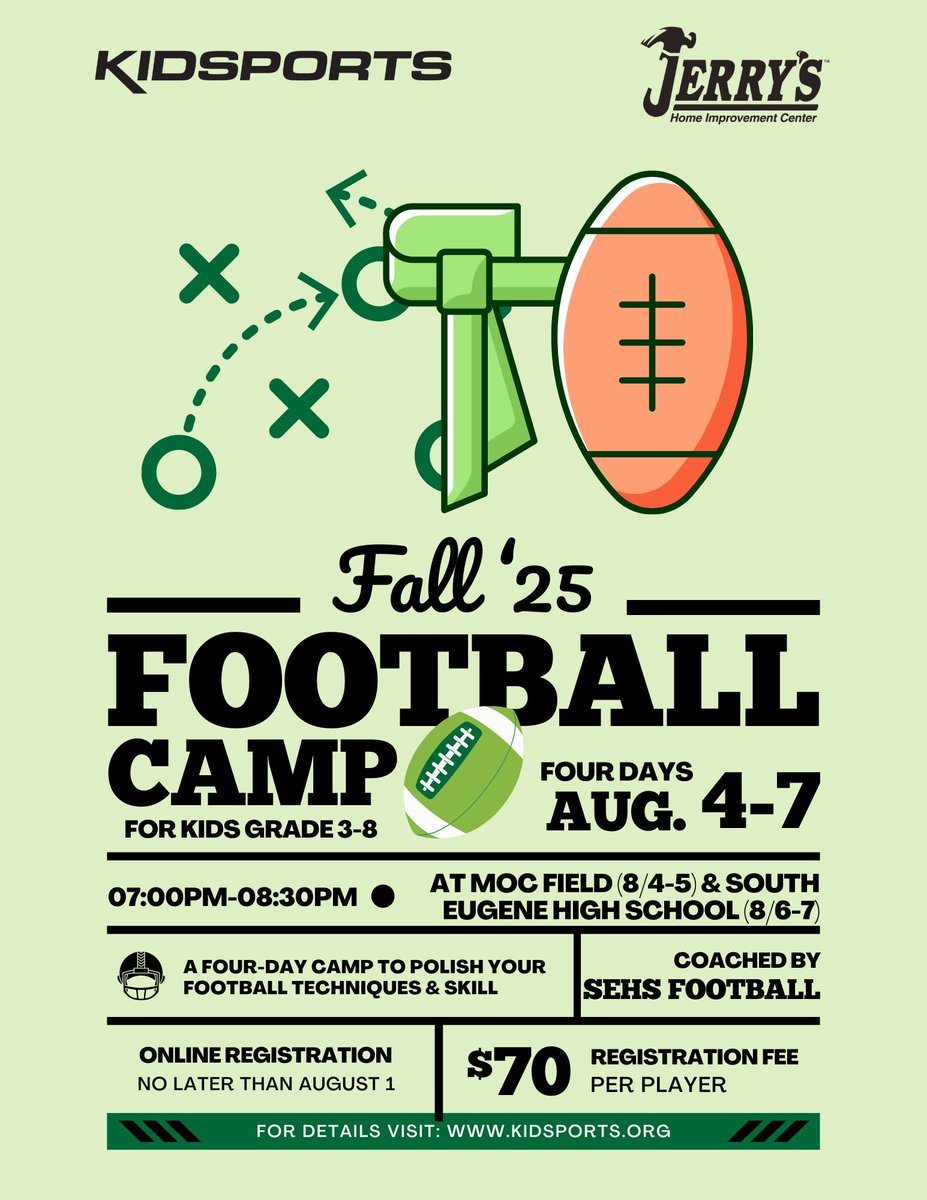 🏈 Gear up! Aug. 4–7, 3rd–8th graders learn skills, play 7v7 &amp; compete! $70 at Civic Park &amp; South Eugene HS. 

kidsports.org

#AllKidsPlay
