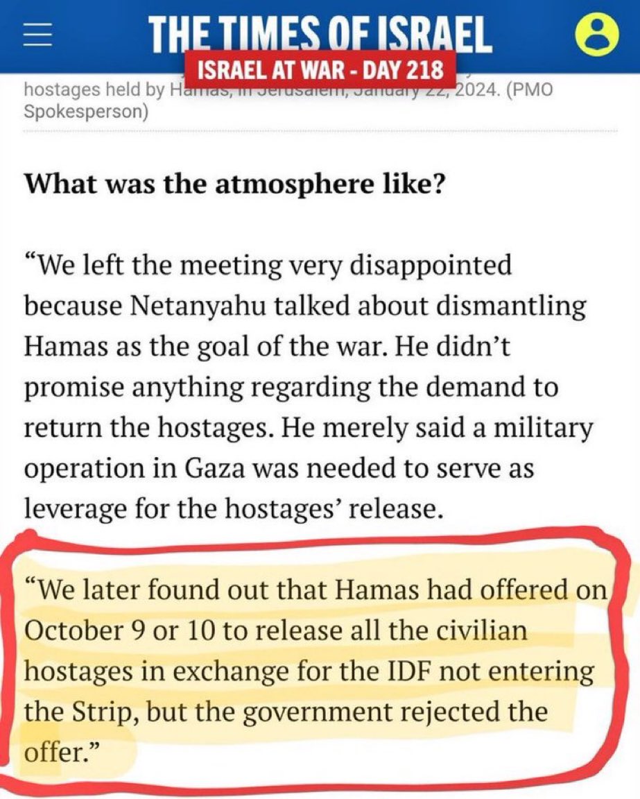 There’s still fuckers on this app saying the “war”in Gaza would end today if Hamas would just release the Israeli hostages 

They offered to release the hostages on 9 Oct 2023 &amp; Israel REFUSED