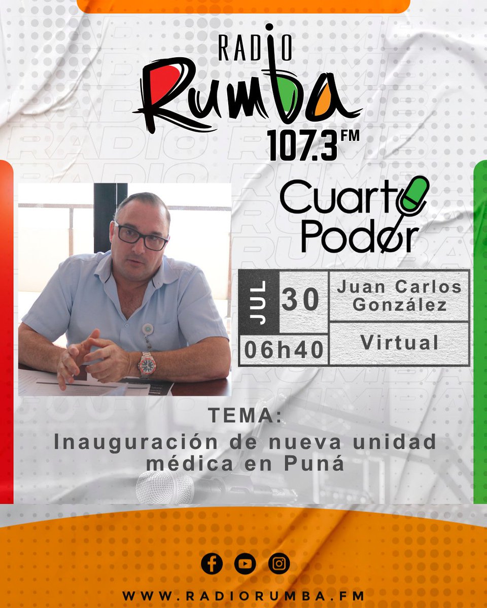 Radio Rumba 107.3 FM (@radiorumbaec) on Twitter photo 🔴Mañana en #CUARTOPODER: Dr. Juan Carlos González (@gonzalezalcivar), director de Salud del Municipio de Guayaquil (<a href="/alcaldiagye/">Muy Ilustre Municipalidad de Guayaquil</a>), con el tema: "Inauguración de nueva unidad médica en Puná"
🕕 06h40 | 107.3 FM #RadioRumba
#Salud #UnidadMedica #Puna #MunicipioGuayaquil #Ecuador 🔴Mañana en #CUARTOPODER: Dr. Juan Carlos González (@gonzalezalcivar), director de Salud del Municipio de Guayaquil (<a href="/alcaldiagye/">Muy Ilustre Municipalidad de Guayaquil</a>), con el tema: "Inauguración de nueva unidad médica en Puná"
🕕 06h40 | 107.3 FM #RadioRumba
#Salud #UnidadMedica #Puna #MunicipioGuayaquil #Ecuador